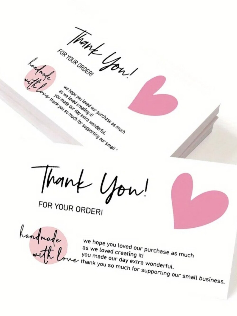 50 Pack Thank You for Your Order Cards Pink Heart Handmade With Love